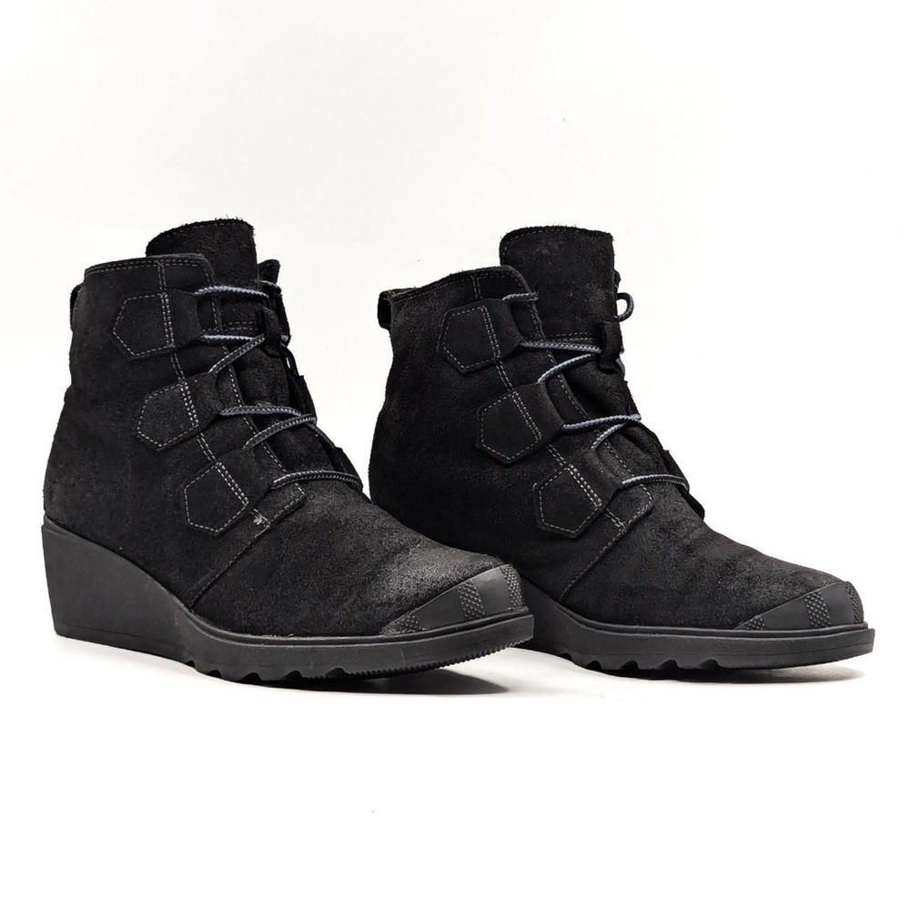 Sorel Toronto Lace Up Wedge Waterproof Ankle Booties black leather suede 9.5